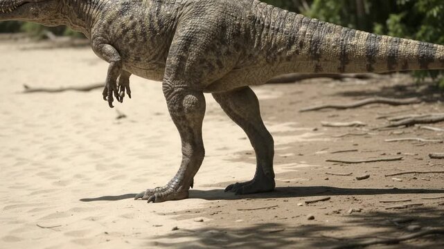Large Theropod Dinosaur Standing On Sandy Ground Near Forest Edge