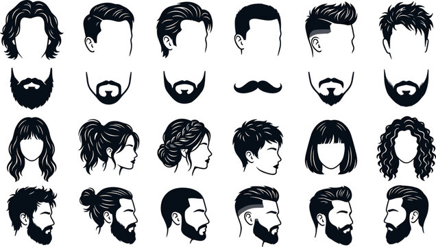 Collection of men and women hairstyle silhouettes with beards, mustaches, side profiles, and modern haircuts vector set