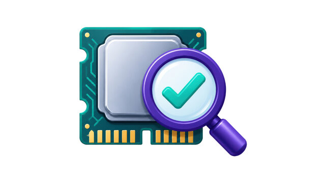 CPU Processor Icon with Magnifying Glass and Checkmark