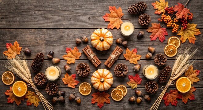 Cozy Thanksgiving Flat Lay with Autumn Decorations