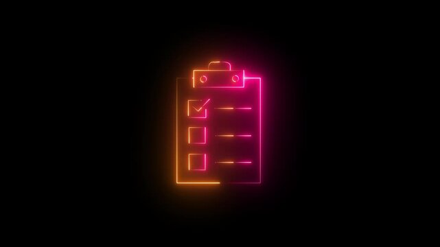 Glowing blue neon clipboard with checklist icon on black background