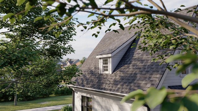 Close up view of textured grey asphalt roof shingles and white dormer window framed by lush green tree branches in spring.
