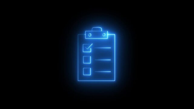Glowing blue neon clipboard with checklist icon on black background