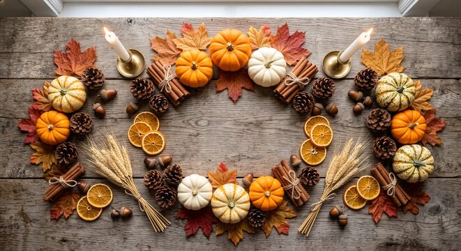 Cozy Thanksgiving Flat Lay with Autumn Decorations