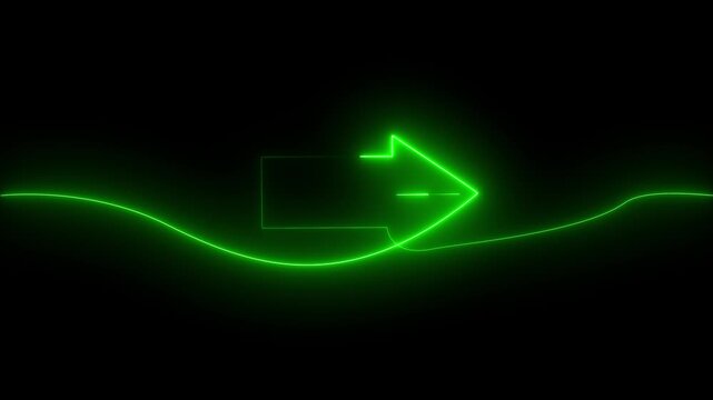green neon arrow sign with a wavy line Directions to the second page on black background