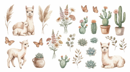 Fototapeta premium Watercolor alpaca and bohemian desert plant collection