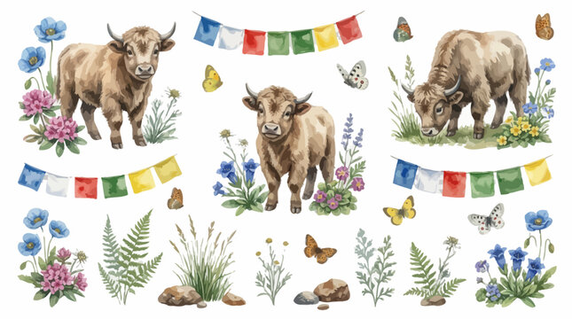 Watercolor yak set with tibetan prayer flags and wildflowers