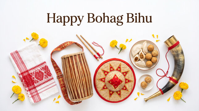 Bohag Bihu festival flat lay with traditional drum, hat, and festive food on white background