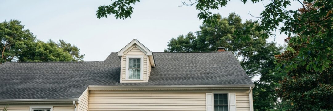 A well-maintained suburban house with dark gray asphalt shingles and a white dormer window surrounded by green trees.