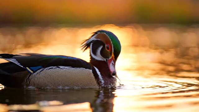 Male wood duck swimming and preening on a calm pond at sunset.