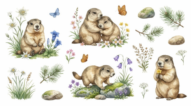 Alpine marmot watercolor vector set with flowers and pine branches