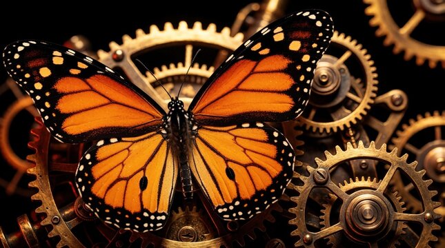 Monarch butterfly rests on intricate clockwork gears. Mechanical insect displays detailed orange and black wings against brass machinery. Fantasy art mixes nature and industry in close-up.