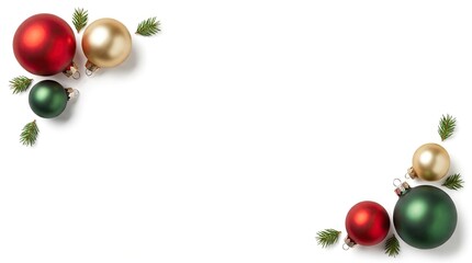 Naklejka premium Festive christmas border with red gold and green ornaments on white background