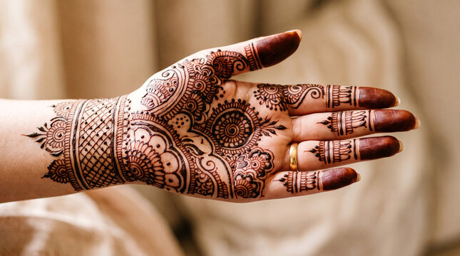 Close up of female hand with intricate henna tattoo design for traditional wedding ceremony