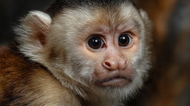 This captivating close-up highlights the expressive face of a Capuchin monkey, with its curious gaze and gentle features drawing viewers into its primate world