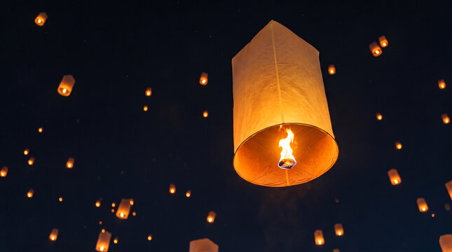 Floating paper lanterns rising into the night sky during a traditional festival celebration.