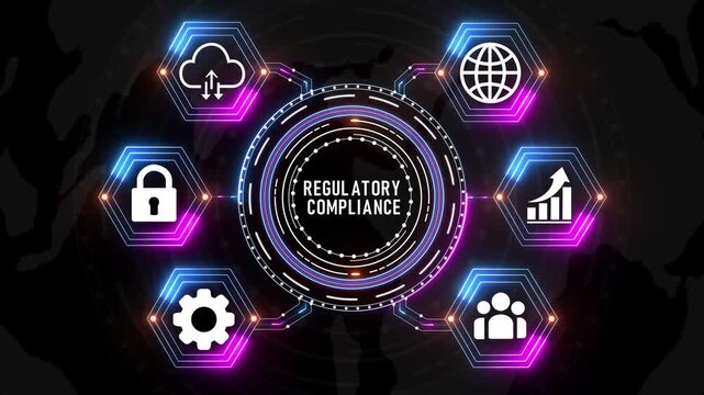 Futuristic Regulatory Compliance Digital Business Technology Infographic with Workflow Automation, Cloud Computing, Data Analytics, Smart Solutions and Digital Transformation.