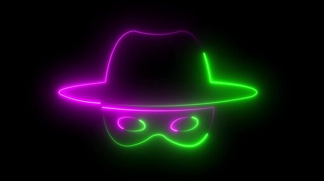 neon incognito hacker mask with fedora hat icon on black background 4k animation.
