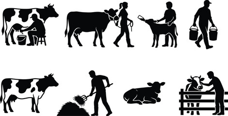 Fototapeta premium Dairy Farming and Cattle Breeding Silhouettes Set for Agriculture, Livestock, and Milk Production Designs