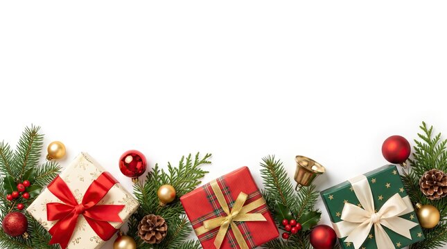 Christmas gift boxes and festive ornaments on a white background border