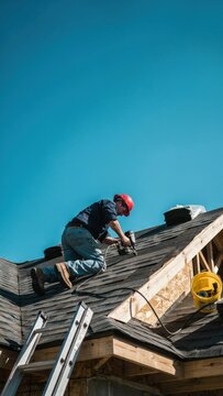 Roofer in hard hat installing black asphalt roofing shingles on residential house with a nail gun against clear blue sky.