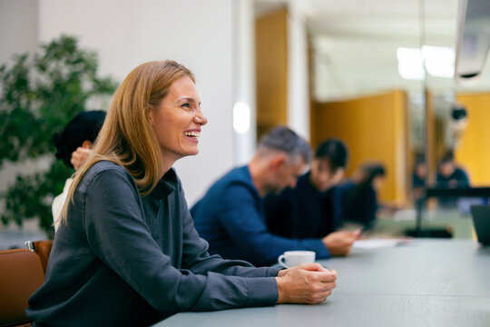 Business Meeting With Smiling Businesswoman in Coworking Space