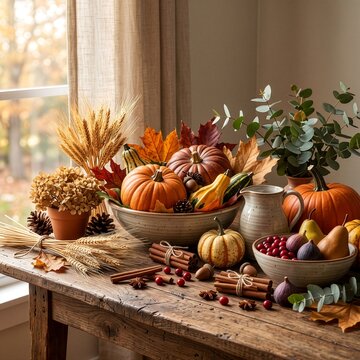 Luxury Thanksgiving Autumn Harvest Still Life with Pumpkins and Rustic Decor