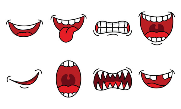 Cartoon mouths vector set, funny expressions, smiles with teeth, tongue sticking out, grimaces, monster teeth