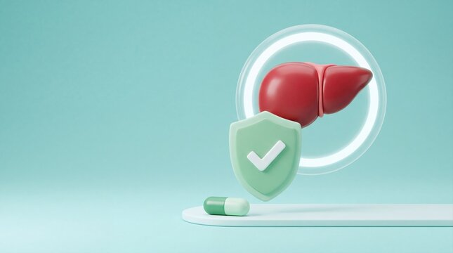 3D render of a human liver protected by a shield and medical supplement pill