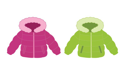 Two winter warm puffer jackets with fur hoods in bright purple and green colors © Taky