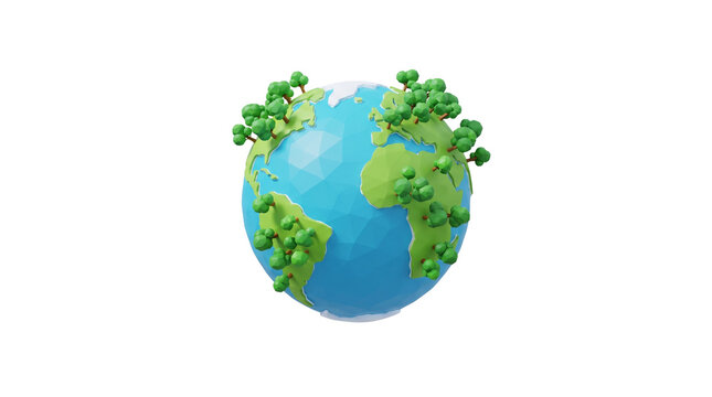 3D Low Poly Planet Earth Globe Covered with Green Trees PNG Illustration
