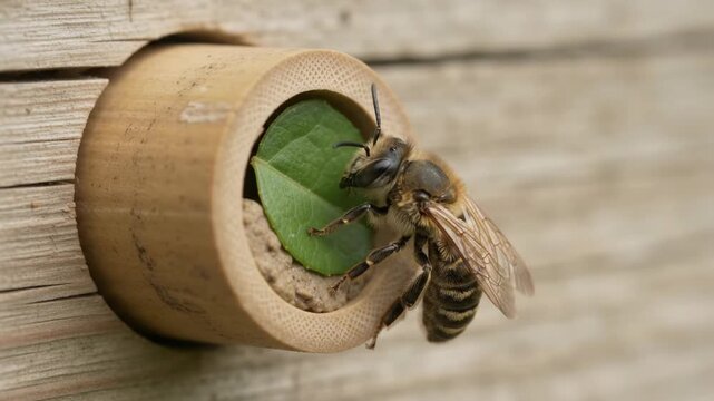 Leafcutter Bee Sealing Its Bamboo Nest Tube With a Green Leaf