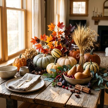 Luxury Thanksgiving Autumn Harvest Still Life with Pumpkins and Rustic Decor