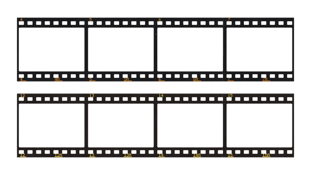 Two rows of 35mm film strips with eight blank frames on a transparent background