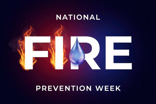 National fire prevention week poster with fire flames and water drop typography design