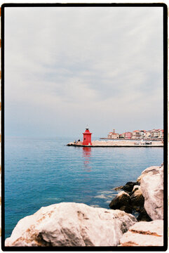 Piran lighthouse at sunset