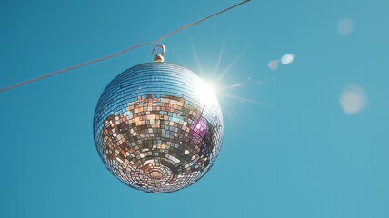 Obraz premium Sparkling silver disco ball hanging against blue sky, reflective mirror ball with sun flare, retro party decoration for summer events
