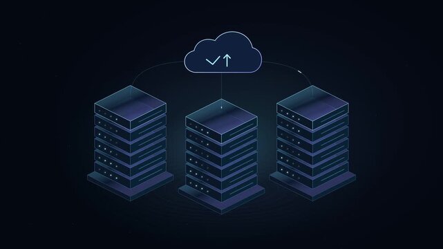 Cloud computing servers with glowing data transfer signals
