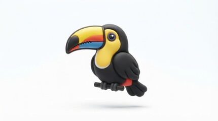 Fototapeta premium Cute ceramic toucan bird perched on branch 3D illustration for wildlife and tropical themes