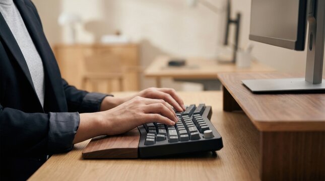 Professional showcasing correct keyboard posture in an ergonomic workspace setup at desk