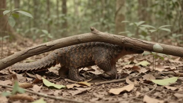 Pangolin Walking Beneath Fallen Branch On Leafy Forest Floor