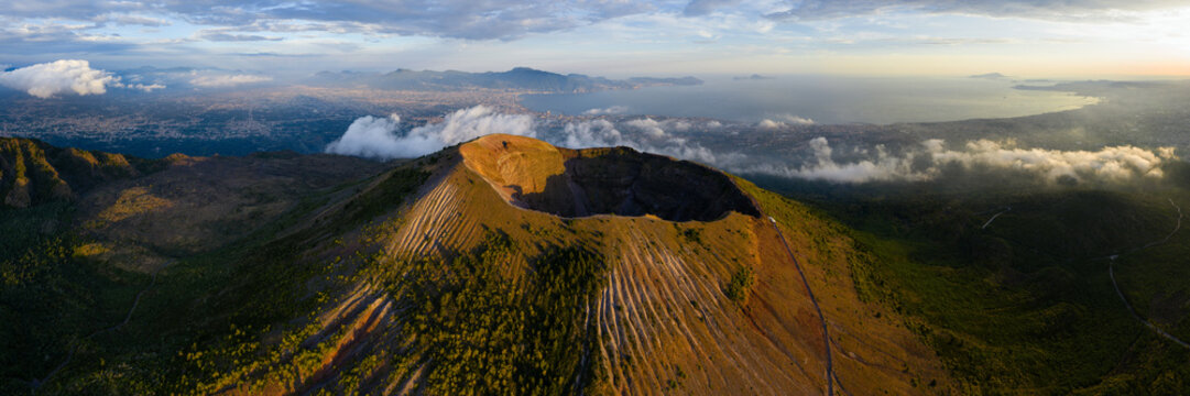 Mount Vesuvius Volcano Golden Hour Aerial Panorama Italy