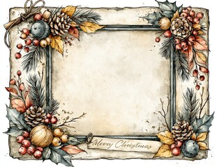 Fototapeta premium Rustic Vintage Christmas Frame Decorated with Pine Cones, Holly, Red Berries and Woodland Foliage Around Blank Parchment for Seasonal Greetings and Holiday Invitations