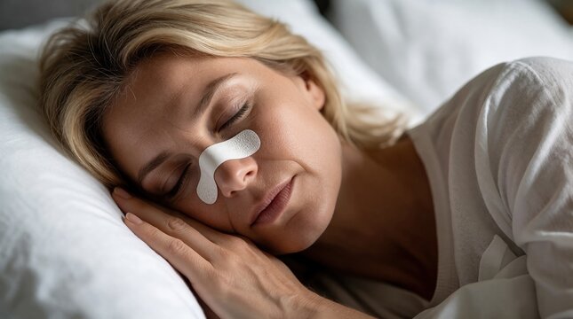 Woman slepic with nasal strip on nose. Person rests in bed with medical patch for snoring relief. Breathing aid for better sleep quality at night.