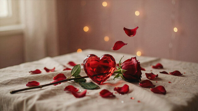 Romantic red heart shaped crystal vase with rose petals and rose on cozy bed setting