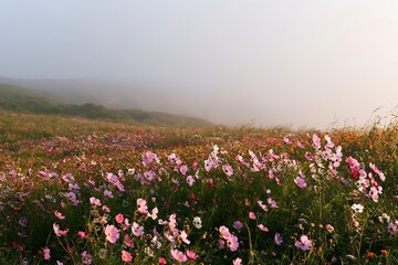Obraz premium Colorful cosmos meadow in a misty landscape