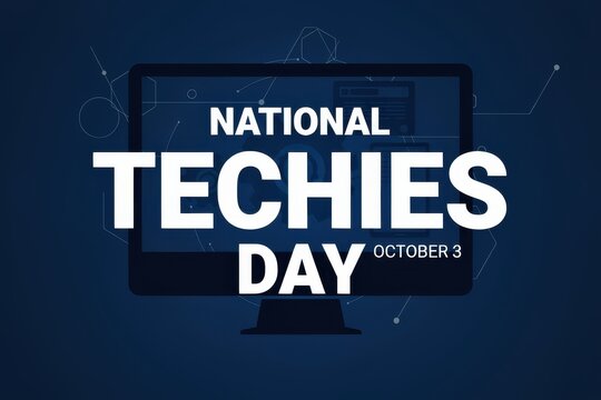 National techies day celebration graphic with computer monitor icon on dark blue background