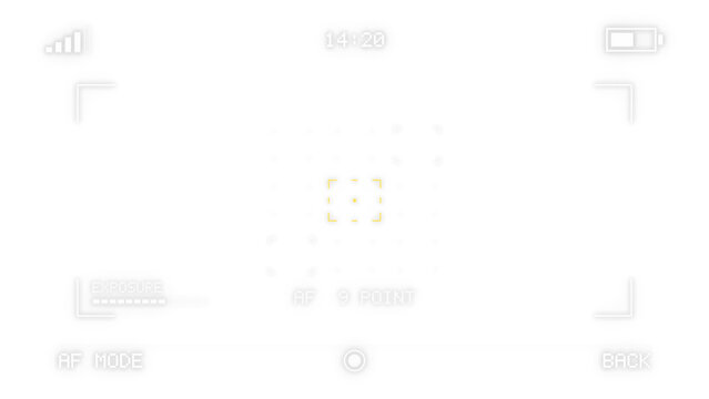 Nine point autofocus camera viewfinder overlay with exposure meter on a transparent background