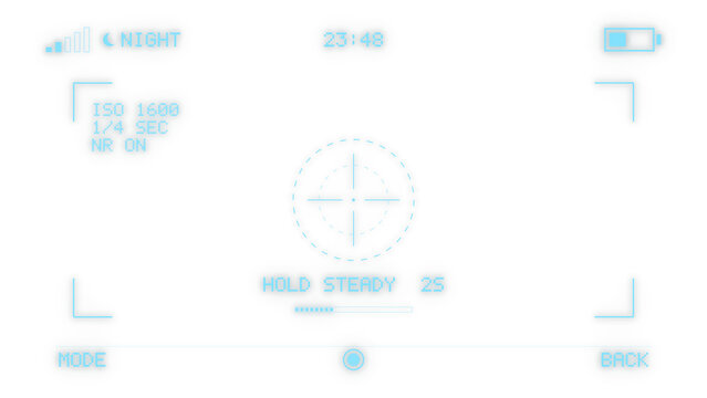 Night mode camera viewfinder overlay with dashed reticle and iso readout on a transparent background
