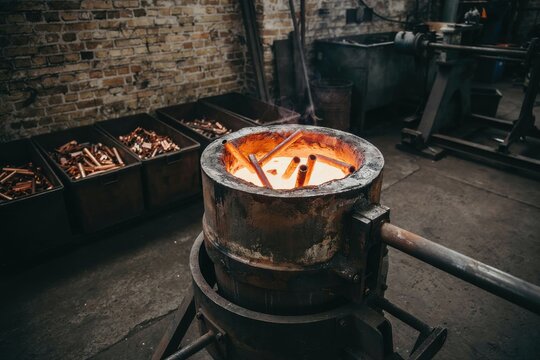 Molten copper being melted in a large industrial furnace in a metal foundry